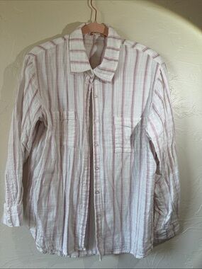 Altar'd State White Button-Up Shirt with Pink Stripes